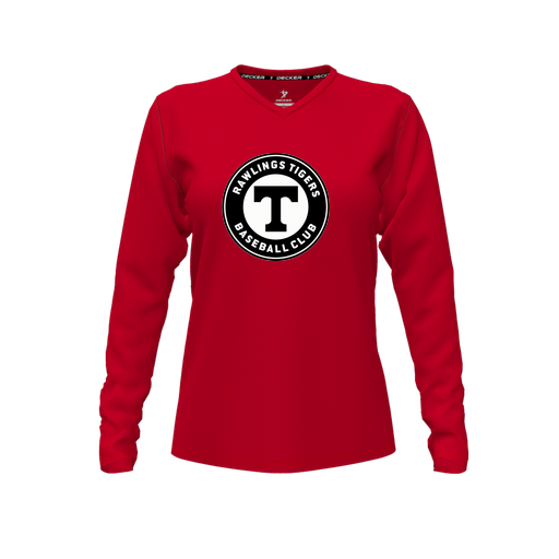 [FTLVPTRD-FYXS-LOGO2] Decker Performance T-Shirt (Female Youth XS, Red, V Neck, Logo 2, Long Sleeve)